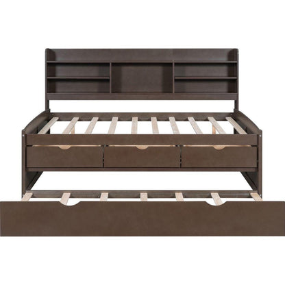 Full Size Wooden Captain Bed with Built-in Bookshelves,Three Storage Drawers and Trundle,Antique Grey - Streamdale Furniture