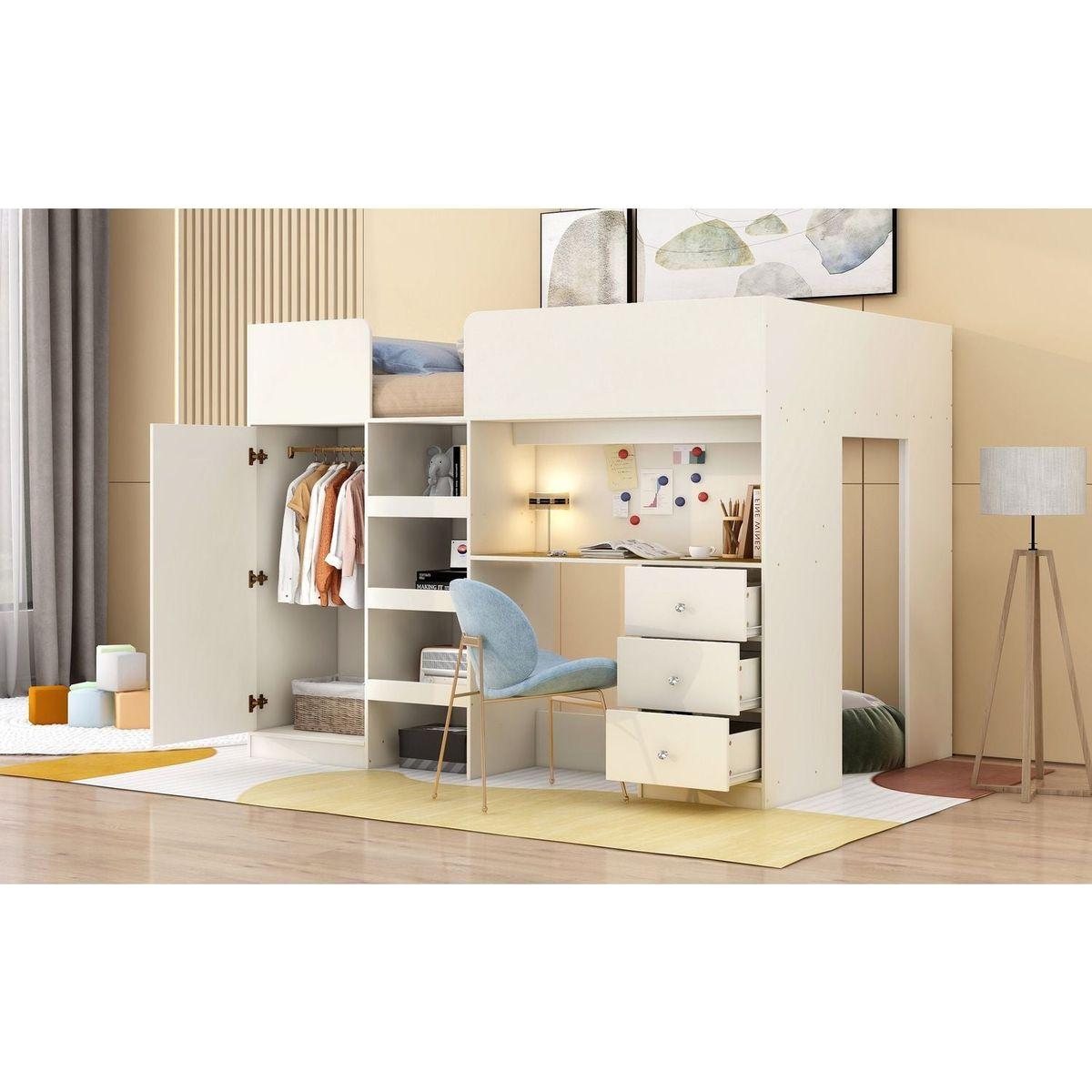 Wood Full Size Loft Bed with Built-in Wardrobe, Desk, Storage Shelves and Drawers, Beige