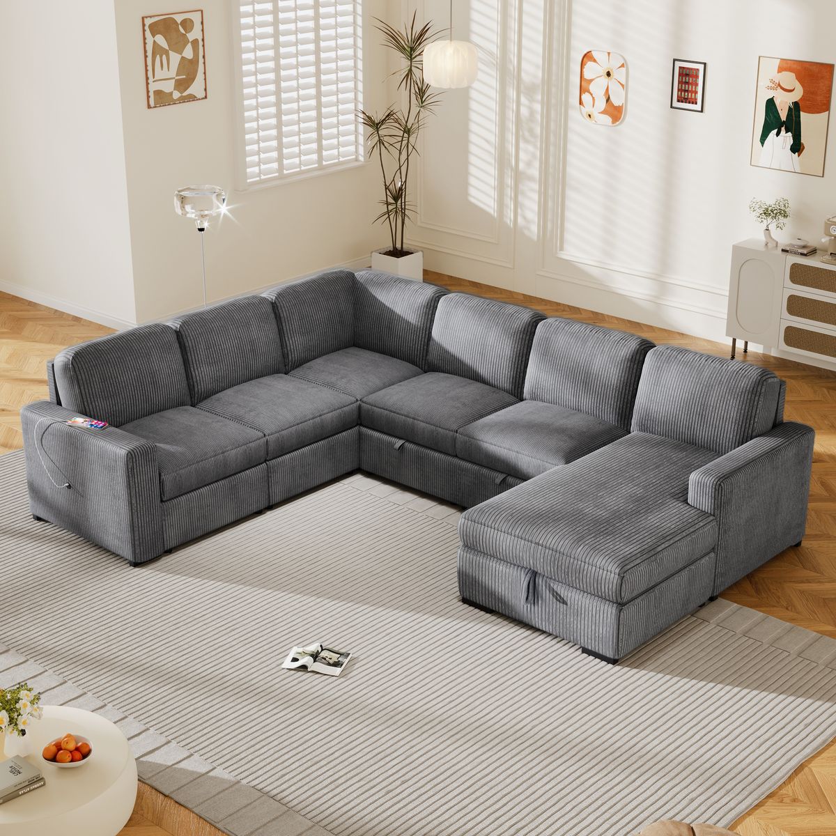 U_Style U-shaped Corduroy Combination Corner Sofa with Storage Lounge Chair, 6-seater Oversized Sofa, With USB interfaces,Suitable for Living Room, Office, and Spacious Space(old sku:WY000383AAE)