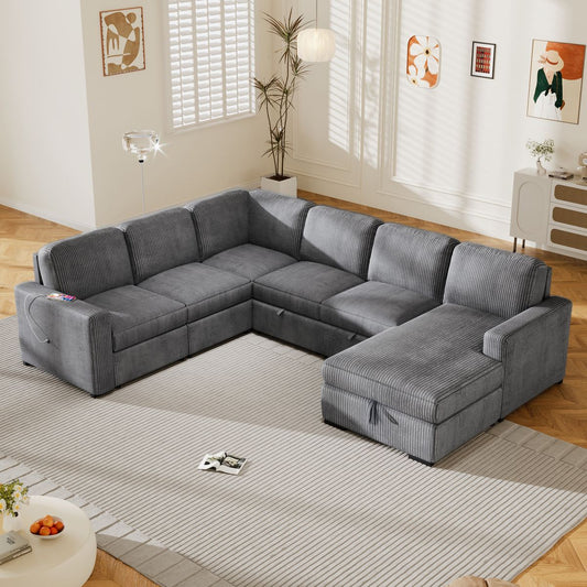 U_Style U-shaped Corduroy Combination Corner Sofa with Storage Lounge Chair, 6-seater Oversized Sofa, With USB interfaces,Suitable for Living Room, Office, and Spacious Space(old sku:WY000383AAE)