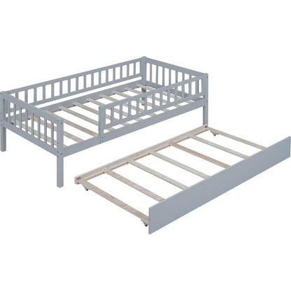 Twin Size Wood Daybed with Trundle and Fence Guardrails, Gray