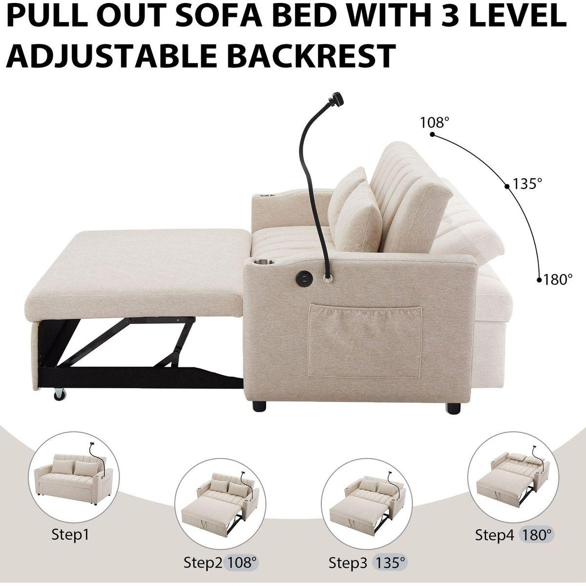 55.9" Convertible Sofa Bed Loveseat Sofa with Three USB Ports, Two Side Pockets, Two Cup Holders and 360Swivel Phone Holder for Living Room, Beige
