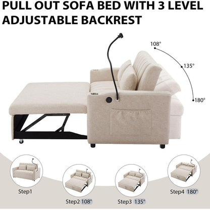 55.9" Convertible Sofa Bed Loveseat Sofa with Three USB Ports, Two Side Pockets, Two Cup Holders and 360Swivel Phone Holder for Living Room, Beige
