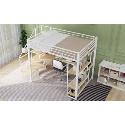 Full Size Metal Loft Bed with Storage Staircase and Small Wardrobe, Built-in Desk and Storage Shelves, White