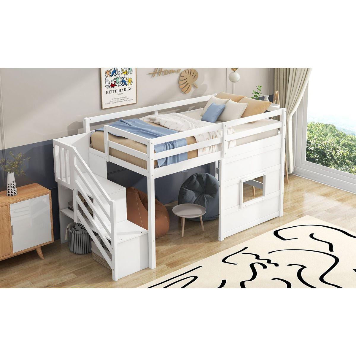 Twin Size Loft Bed with Storage Staircase and Window, White