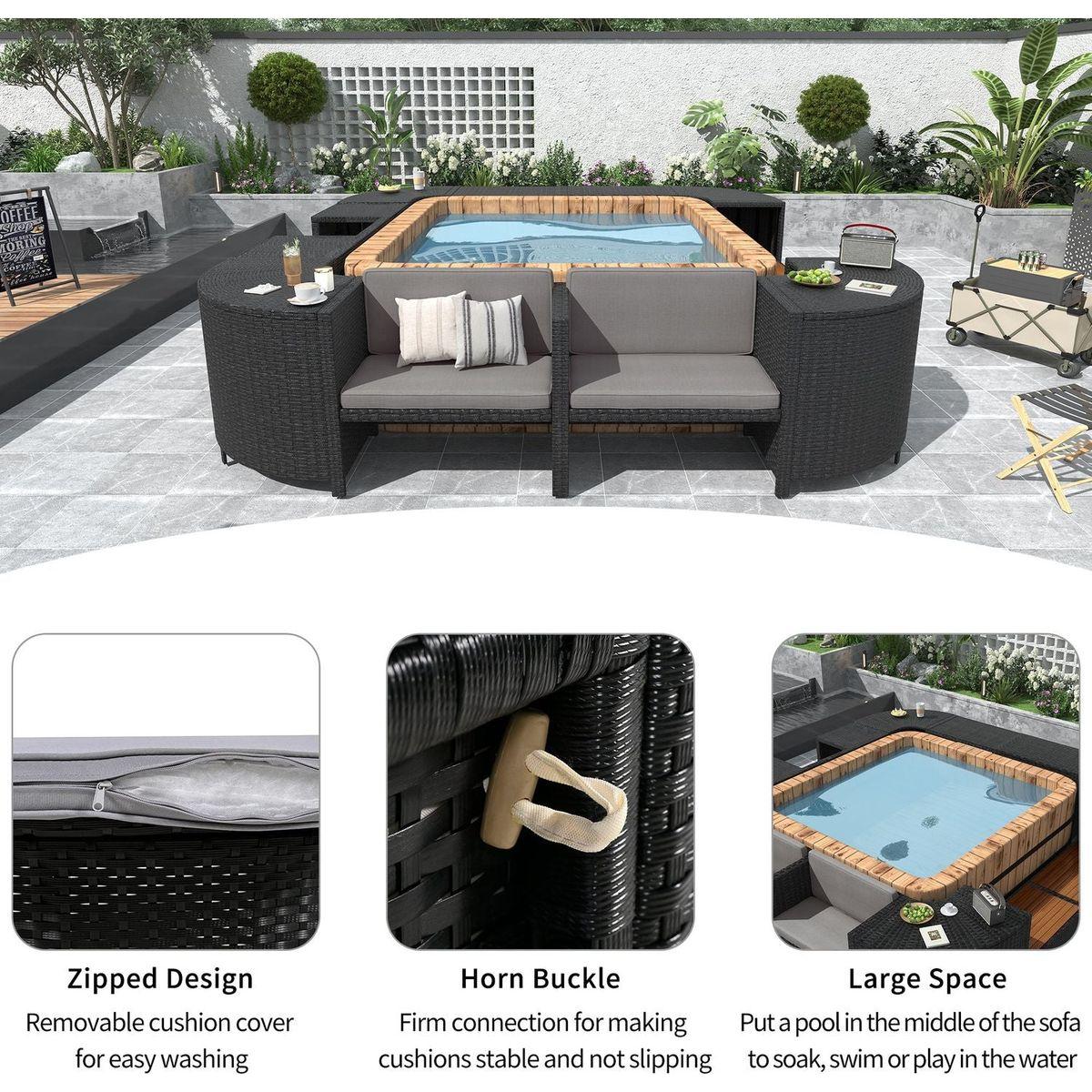 Spa Surround Spa Frame Quadrilateral Outdoor Rattan Sectional Sofa Set with Mini Sofa, Wooden Seats and Storage Spaces, Grey