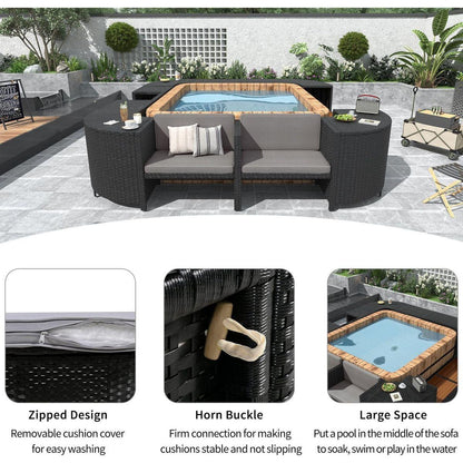 Spa Surround Spa Frame Quadrilateral Outdoor Rattan Sectional Sofa Set with Mini Sofa, Wooden Seats and Storage Spaces, Grey