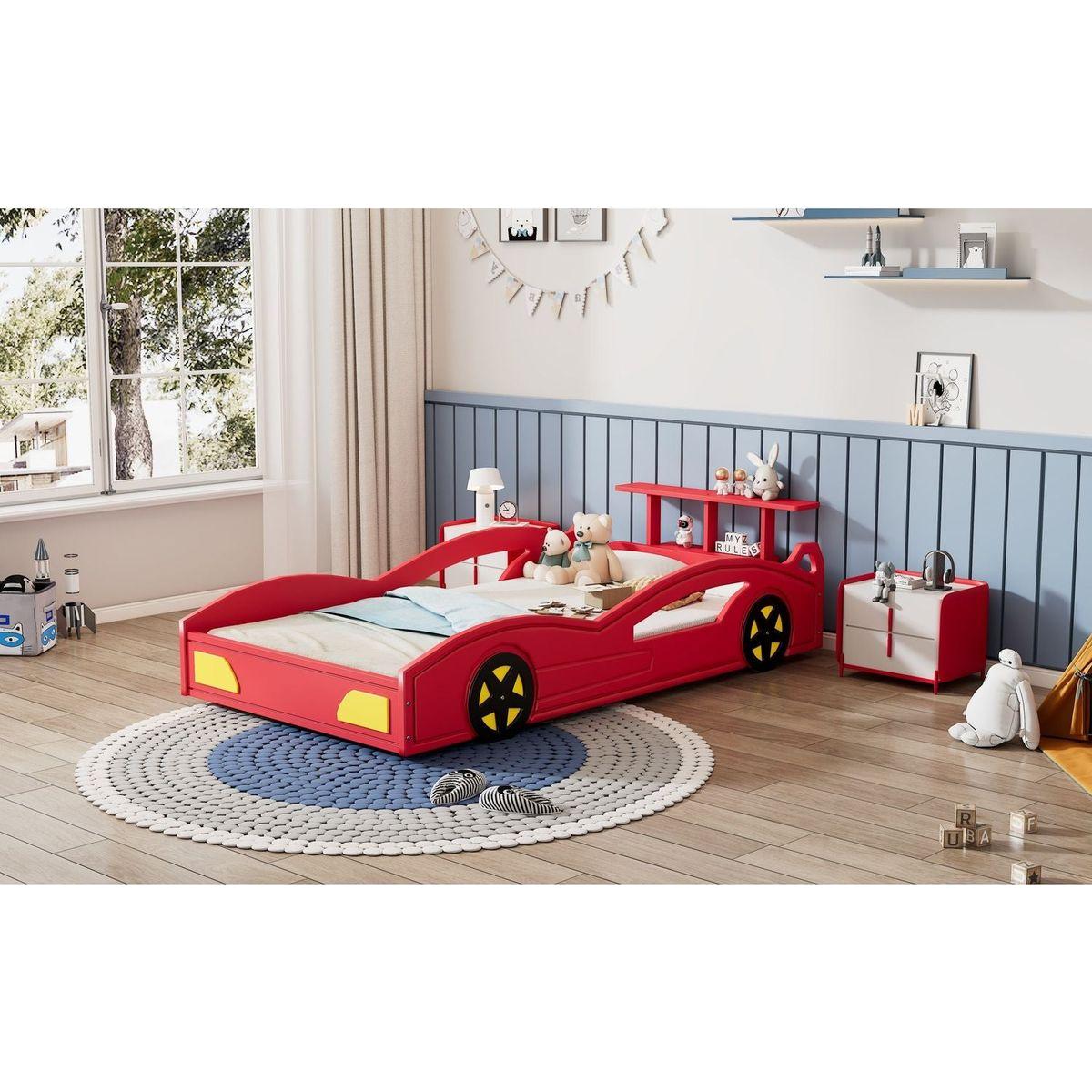 Wooden Race Car Bed,Car-Shaped Platform Twin Bed with Wheels For Teens,Red & Yellow