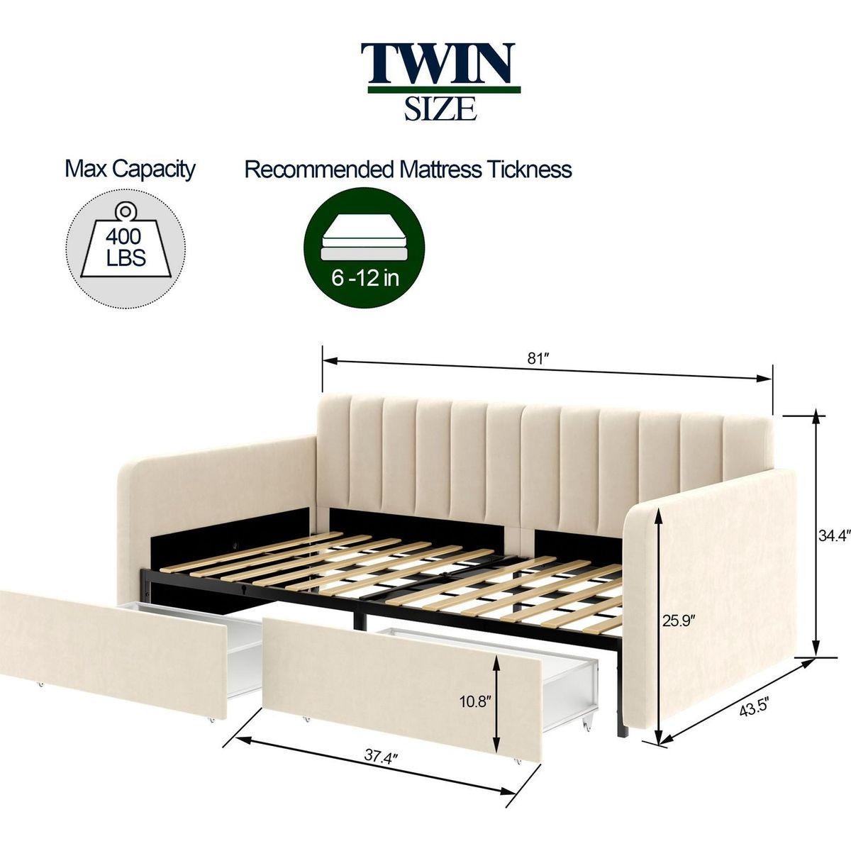 Flora Upholstered Daybed with 2 Drawers, Twin, Ivory Velvet, Ribbed Tufted Backrest, Daybed in Lavish Modern Design