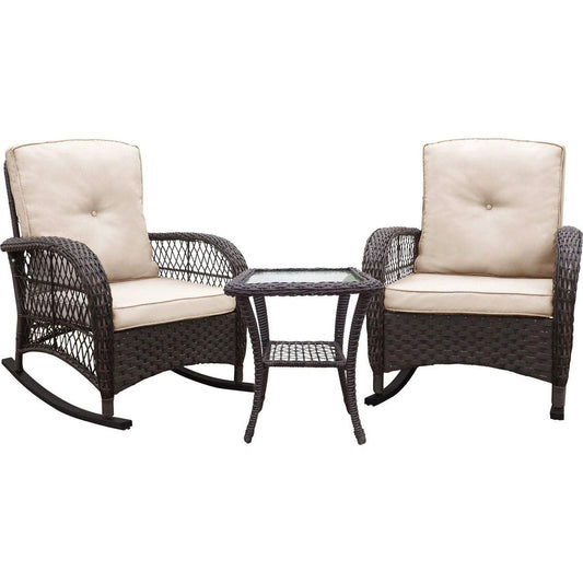 3 Pieces Conversation Set, Outdoor Wicker Rocker Patio Bistro Set, Rocking Chair with Glass Top Side Table