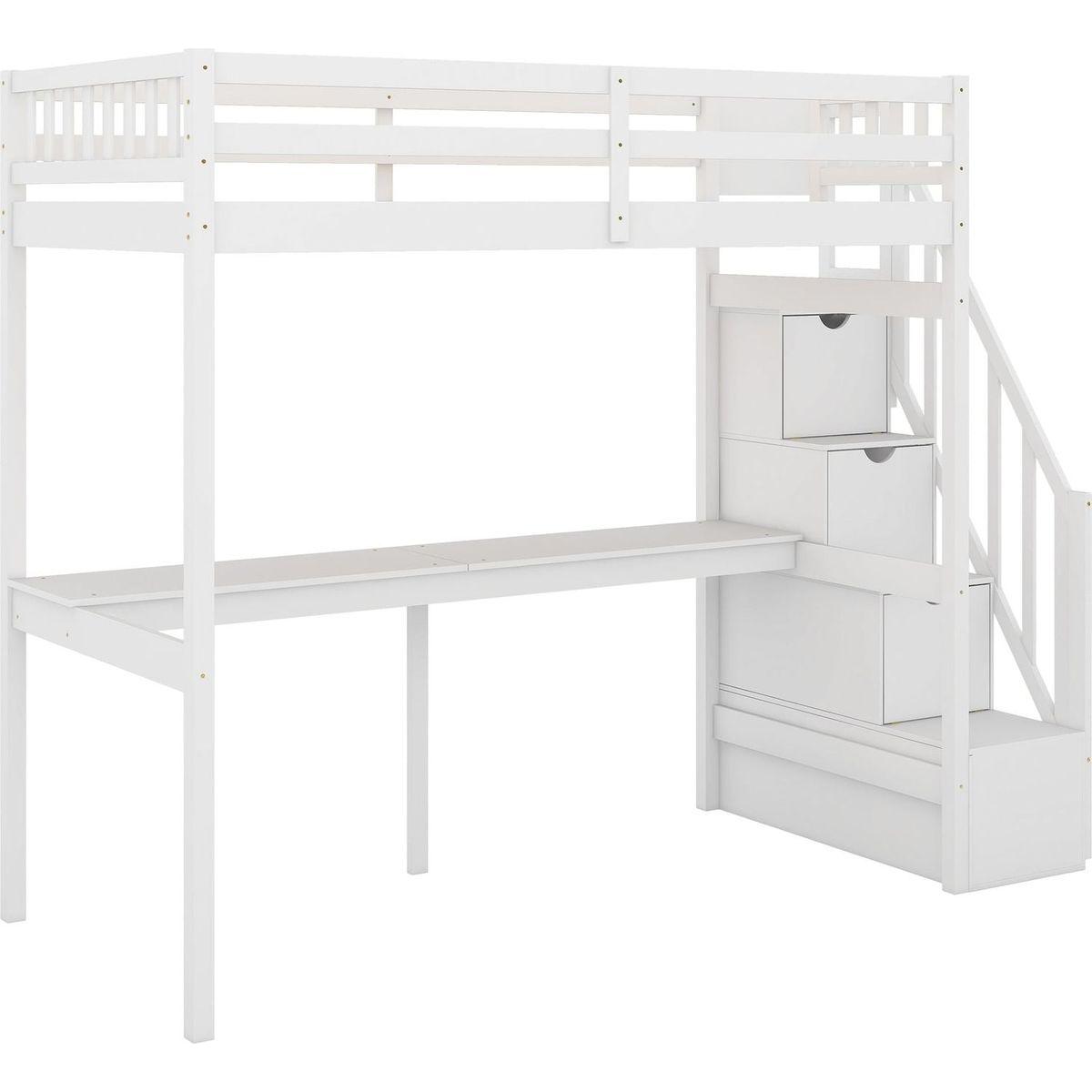 Twin Size Loft Bed with Storage Staircase and Built-in Desk, White