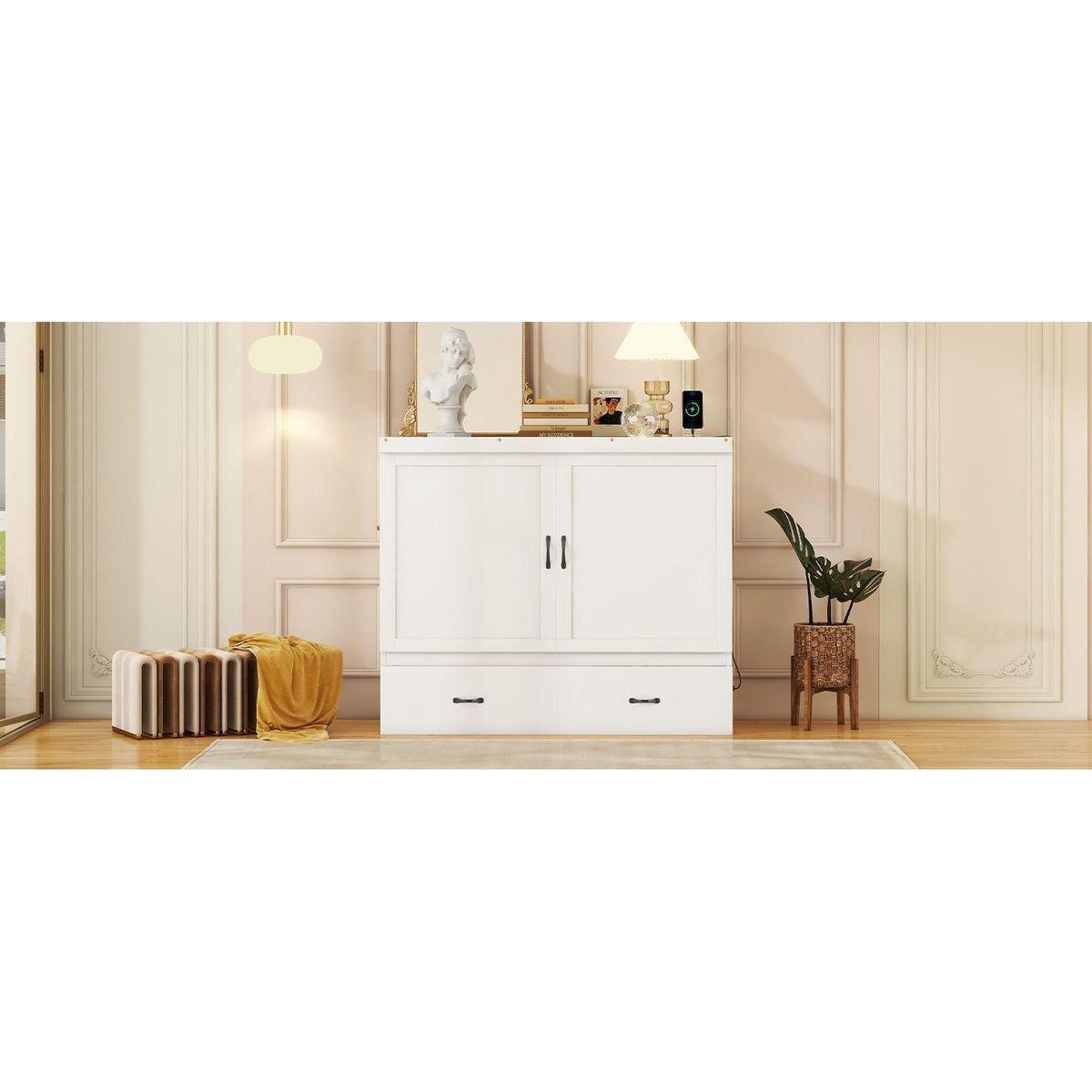 Full Size Murphy Bed with USB Port and a Large Drawer, White