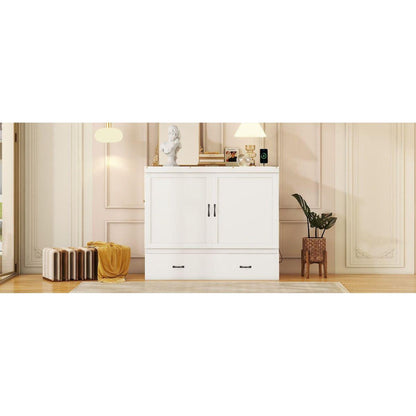 Full Size Murphy Bed with USB Port and a Large Drawer, White