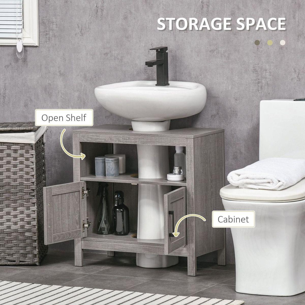 kleankin Pedestal Sink Storage Cabinet, Bathroom Under Sink Cabinet with 2 Doors and Open Shelf, Bathroom Vanity, Gray