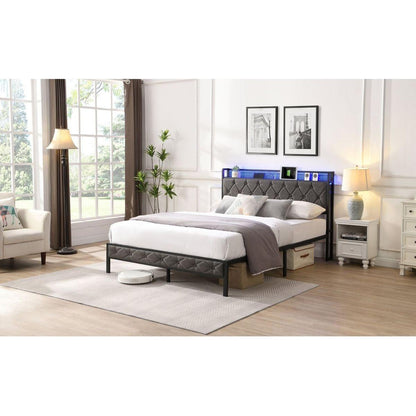 Full Bed Frame with Storage Headboard, Charging Station and LED Lights, Upholstered Platform Bed with Heavy Metal Slats, No Box Spring Needed, Noise Free, Easy Assembly, Dark Gray