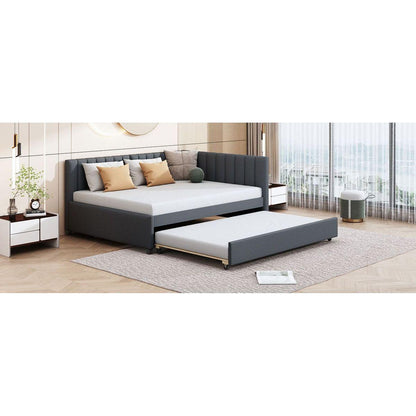Full Size Upholstered Daybed with Trundle Sofa Bed Frame No Box Spring Needed, Linen Fabric(Gray)