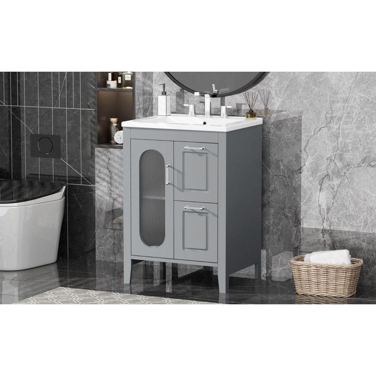 24" Bathroom Vanity with Sink, Bathroom Vanity Cabinet with Two Drawers and Door, Adjustable Shelf, Solid Wood and MDF, Grey