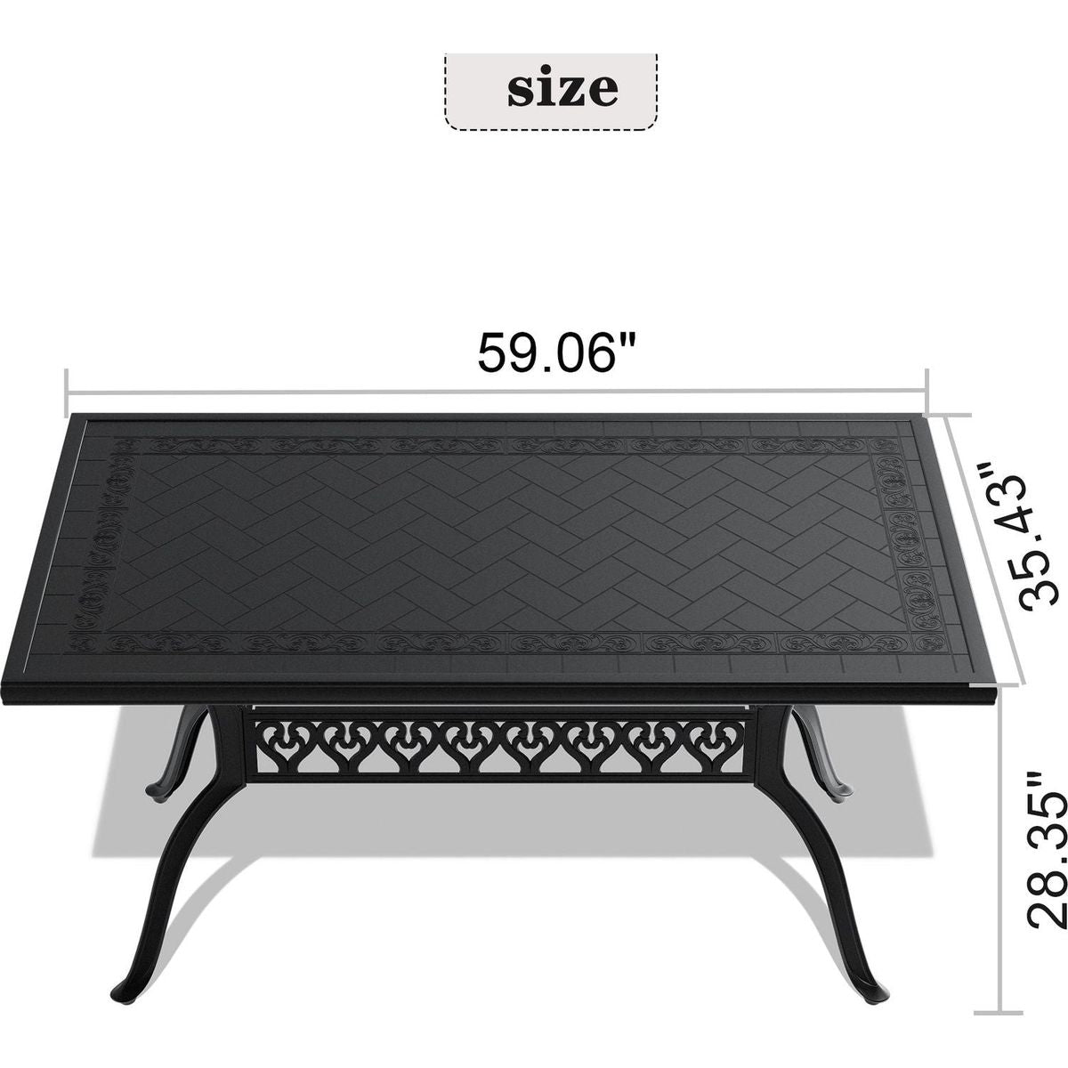 L59.05xW35.43-inch Cast Aluminum Patio Dining Table With Black Frame and Carved Texture on the Tabletop