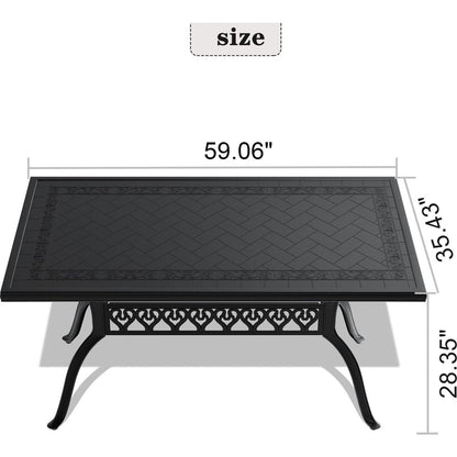 L59.05xW35.43-inch Cast Aluminum Patio Dining Table With Black Frame and Carved Texture on the Tabletop