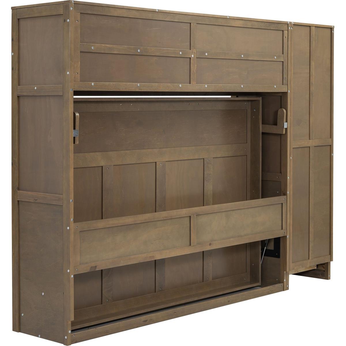 Full Size Murphy Bed with Wardrobe, Drawers and Open Shelves, Antique Grey