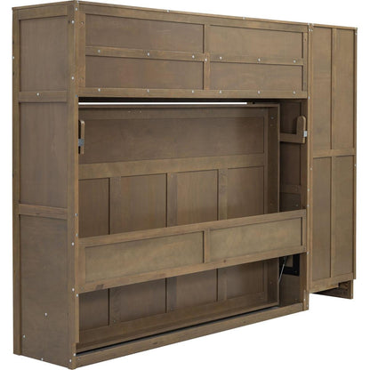 Full Size Murphy Bed with Wardrobe, Drawers and Open Shelves, Antique Grey