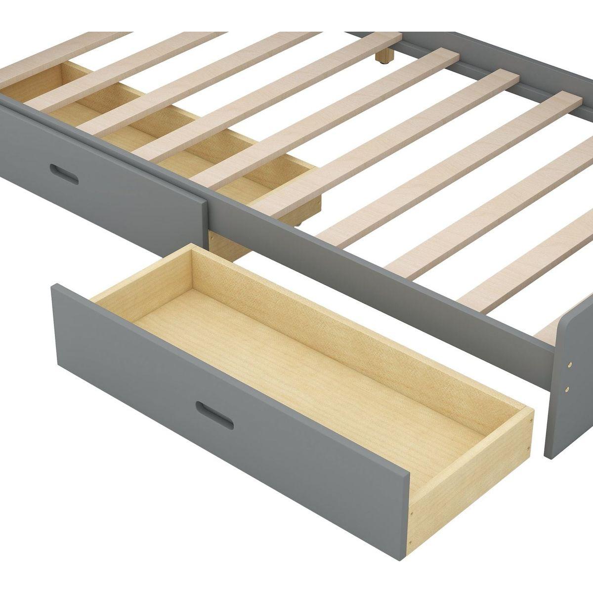 Wood Twin Size platform bed with Storage Headboard, Shelves and 2 Drawers, Gray