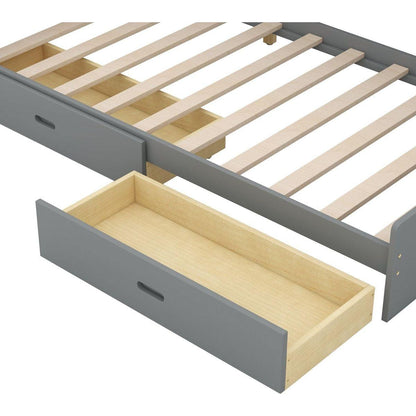 Wood Twin Size platform bed with Storage Headboard, Shelves and 2 Drawers, Gray