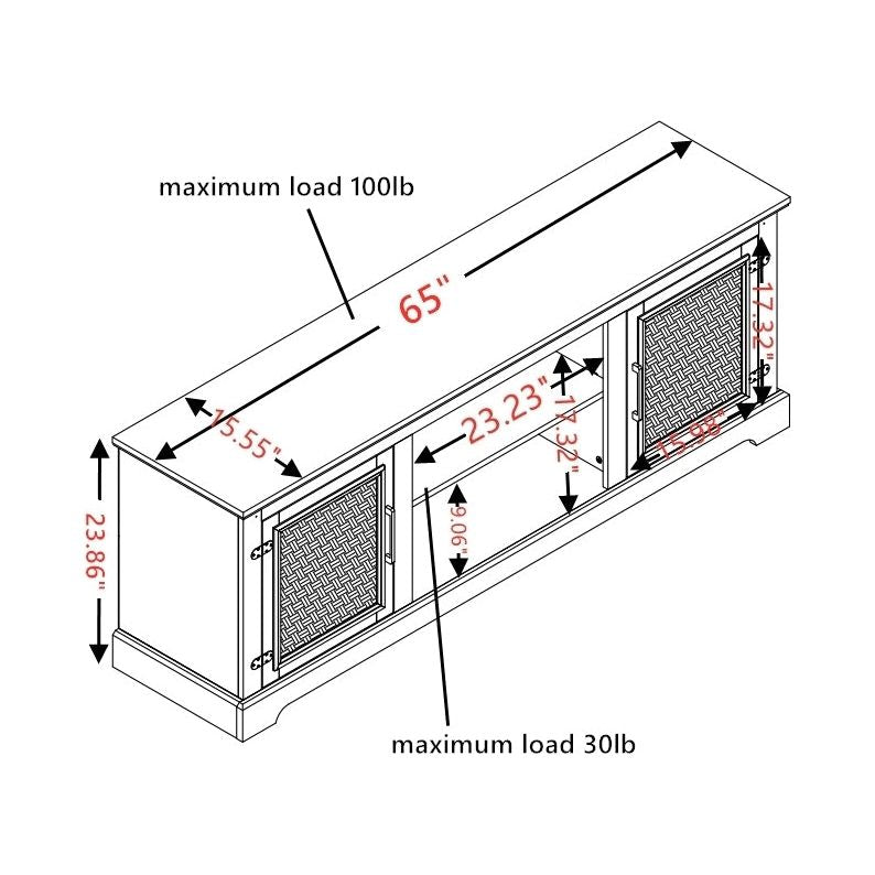 Farmhouse Rattan TV Stand Console Table for TVs up to 70 Inches, TV Console Table with 2 Storage Shelves, 2 Natural Rattan Door Cabinets,65"Wx15.55"Dx23.86"H, White