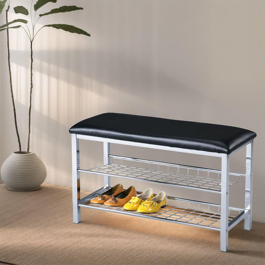Metal Shoe Bench with Black Faux Leather Seat, Silver