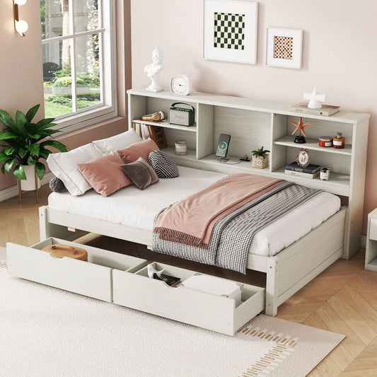 Twin Size Bed Frame With Side Bookshelves, Two Drawers, And Built-in USB Port For Creamy White Color