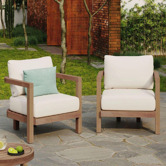 (SET OF 2 ) Outdoor Acacia Wood Patio Club Chair, Patio Furniture,Waterproof Thick Cushion Deep Seating for Porch, Garden, Backyard, Balcony, Weight Capacity 400lbs, Brown wash, Beige cushion