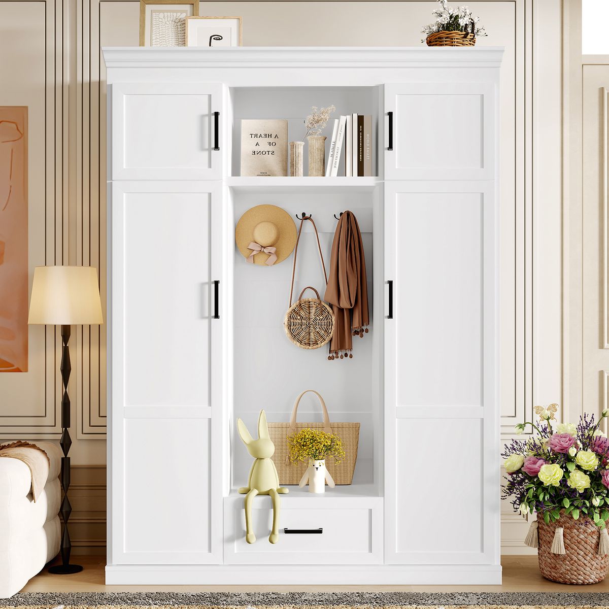 U-Can 85.2''H Hall Tree with Bench and 3 Hooks, Modern Entryway Storage Organizer Cabinet with 4 Doors, 1 Drawer and Adjustable Shelves for Hallway, Entryway, Living Room