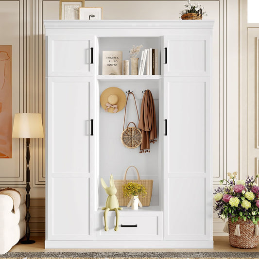 U-Can 85.2''H Hall Tree with Bench and 3 Hooks, Modern Entryway Storage Organizer Cabinet with 4 Doors, 1 Drawer and Adjustable Shelves for Hallway, Entryway, Living Room