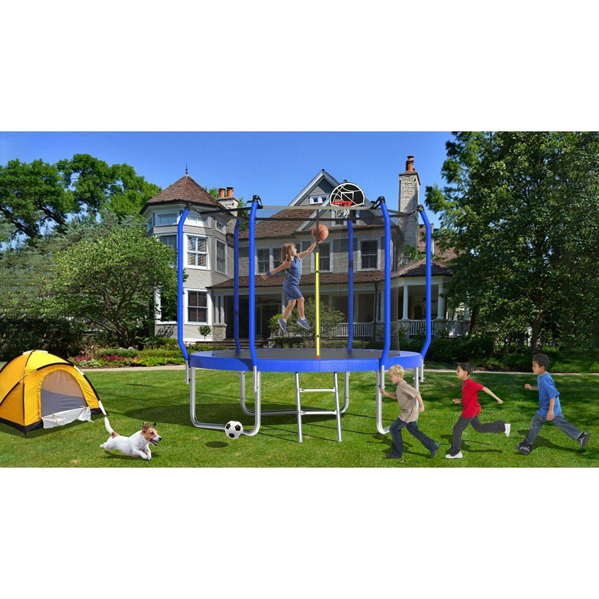 8FT Trampoline with Basketball Hoop, ASTM Approved Reinforced Type Outdoor Trampoline with Enclosure Net