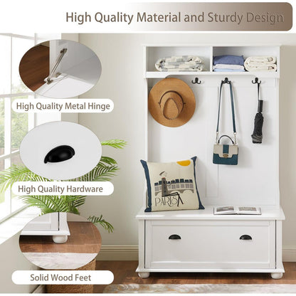 Classic Cosatal Style Hall Tree Entryway Bench with Open Shelves and Shoe Cabinets, SOLID WOOD Feet, White, 40.16"Wx18.58"Dx64.17"H