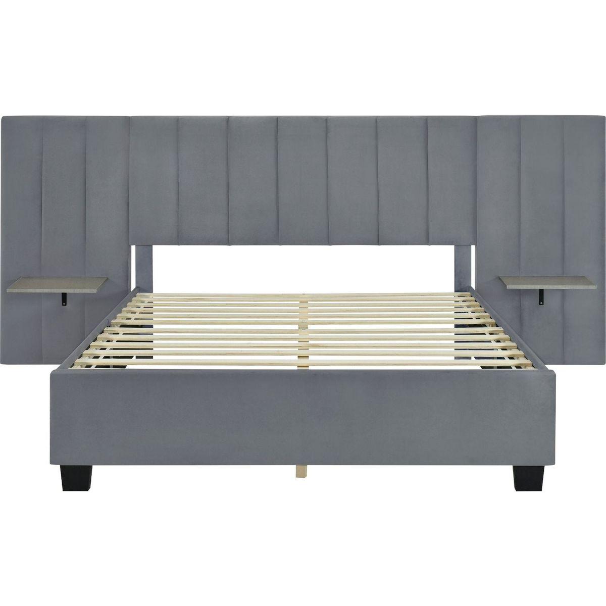Queen Size Upholstered Platform Bed with Big Headboard, Bedroom Furniture, Velvet, Gray
