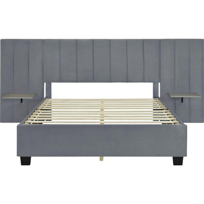 Queen Size Upholstered Platform Bed with Big Headboard, Bedroom Furniture, Velvet, Gray