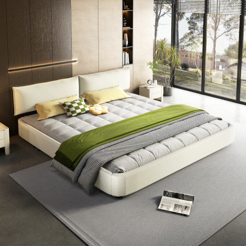 King Size Cloud Bed Frame with Oversized Padded Movable Headboard, Chenille Upholstered Bed with Round Corner,Metal + Solid Wooden Slat Double Support,No Box Spring Needed, Beige/White