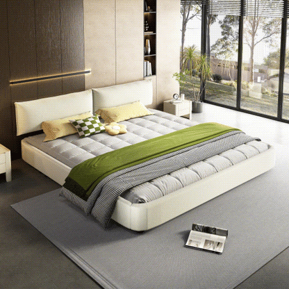 King Size Cloud Bed Frame with Oversized Padded Movable Headboard, Chenille Upholstered Bed with Round Corner,Metal + Solid Wooden Slat Double Support,No Box Spring Needed, Beige/White