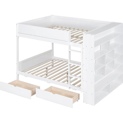 Full over Full Bunk Bed With 2 Drawers and Multi-layer Cabinet, White
