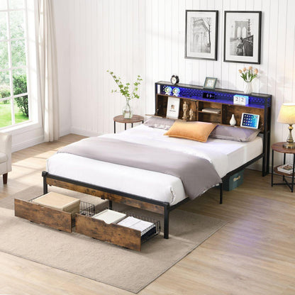Queen Size Metal Platform Bed Frame with Wooden Headboard and with Footboard USB,Charging Station,2 Drawers,storage, LED Lights, No Box Spring Needed, Easy Assemble