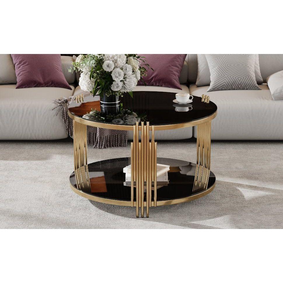 Modern Black Mirror Coffee Table, Asymmetrical Metal, Circular Metal Drum Base, Gold Finish & Lower Shelf