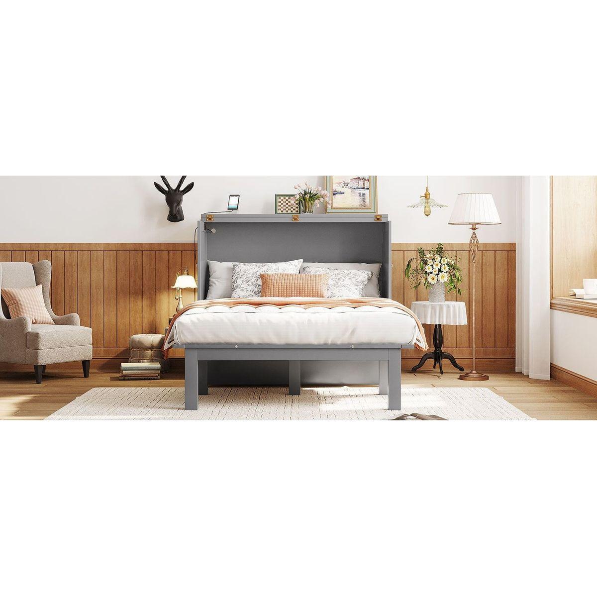 Full Size Murphy Bed with USB Port and removable Shelves on Each Side,Gray