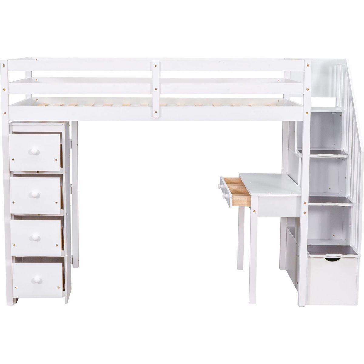 Twin size Loft Bed with Storage Drawers, Desk and Stairs, Wooden Loft Bed with Shelves - White