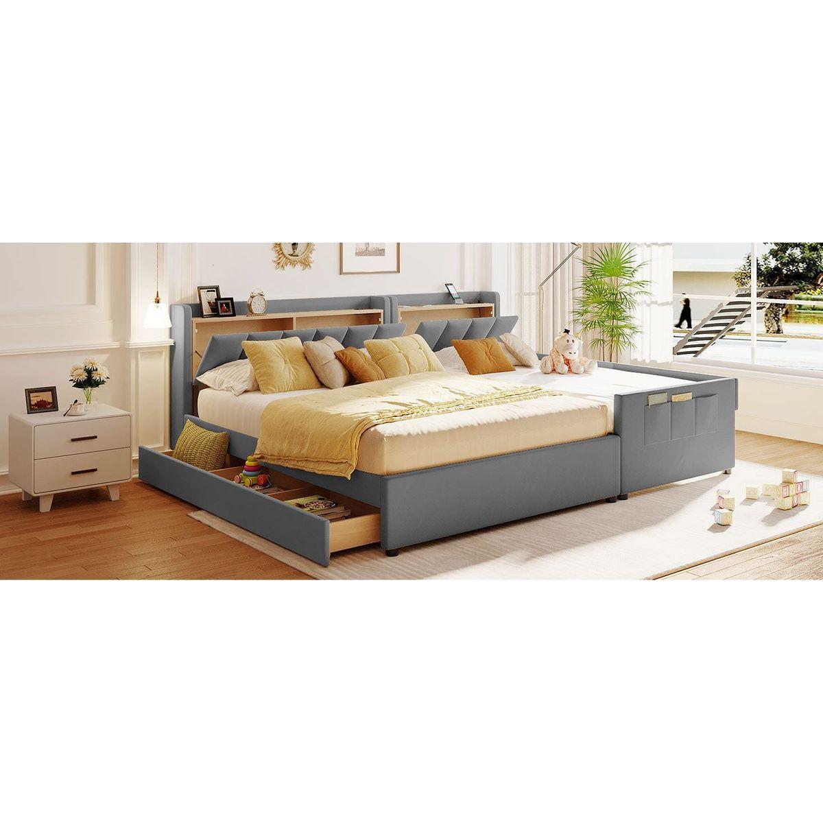 Queen Size & Twin XL Size Upholstered Platform Bed, Mother & Child Bed with Hydraulic Storage System, Drawer Box, Bedhead storage shelf and Two pairs of sockets & USB Ports, PU Leather, Gray