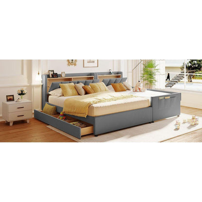 Queen Size & Twin XL Size Upholstered Platform Bed, Mother & Child Bed with Hydraulic Storage System, Drawer Box, Bedhead storage shelf and Two pairs of sockets & USB Ports, PU Leather, Gray