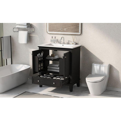 30" Bathroom Vanity with Sink Combo, Multi-functional Bathroom Cabinet with Doors and Drawer, Solid Wood and MDF Board, Black