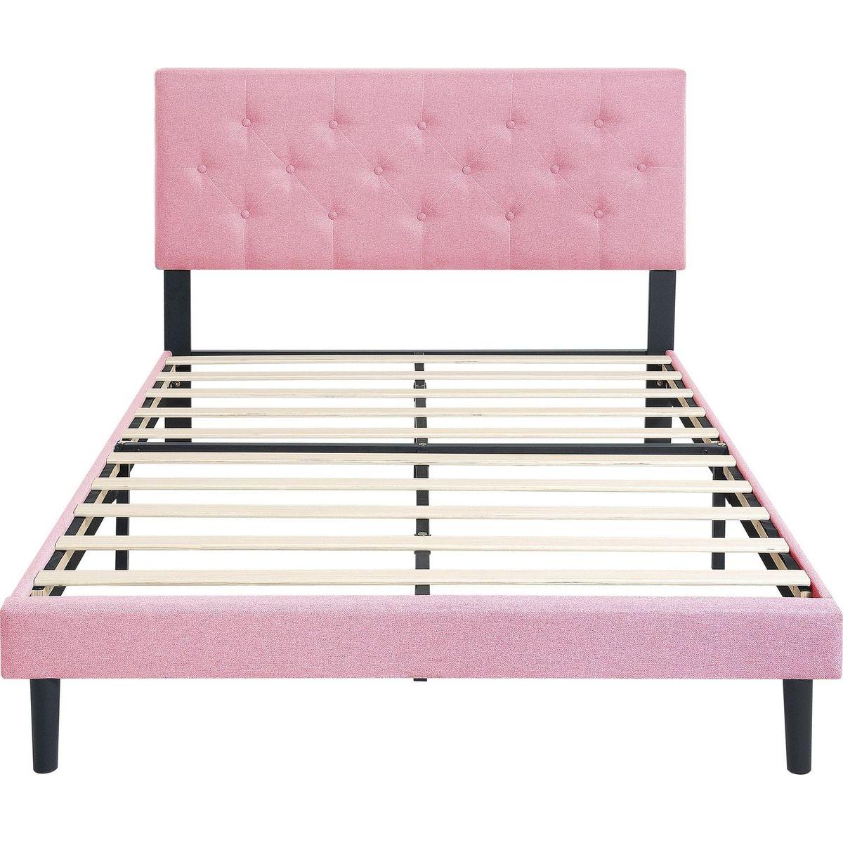 Queen Size Upholstered Platform Bed Frame with Modern Button Tufted Linen Fabric Headboard, No Box Spring Needed, Wood Slat Support, Easy Assembly, pink
