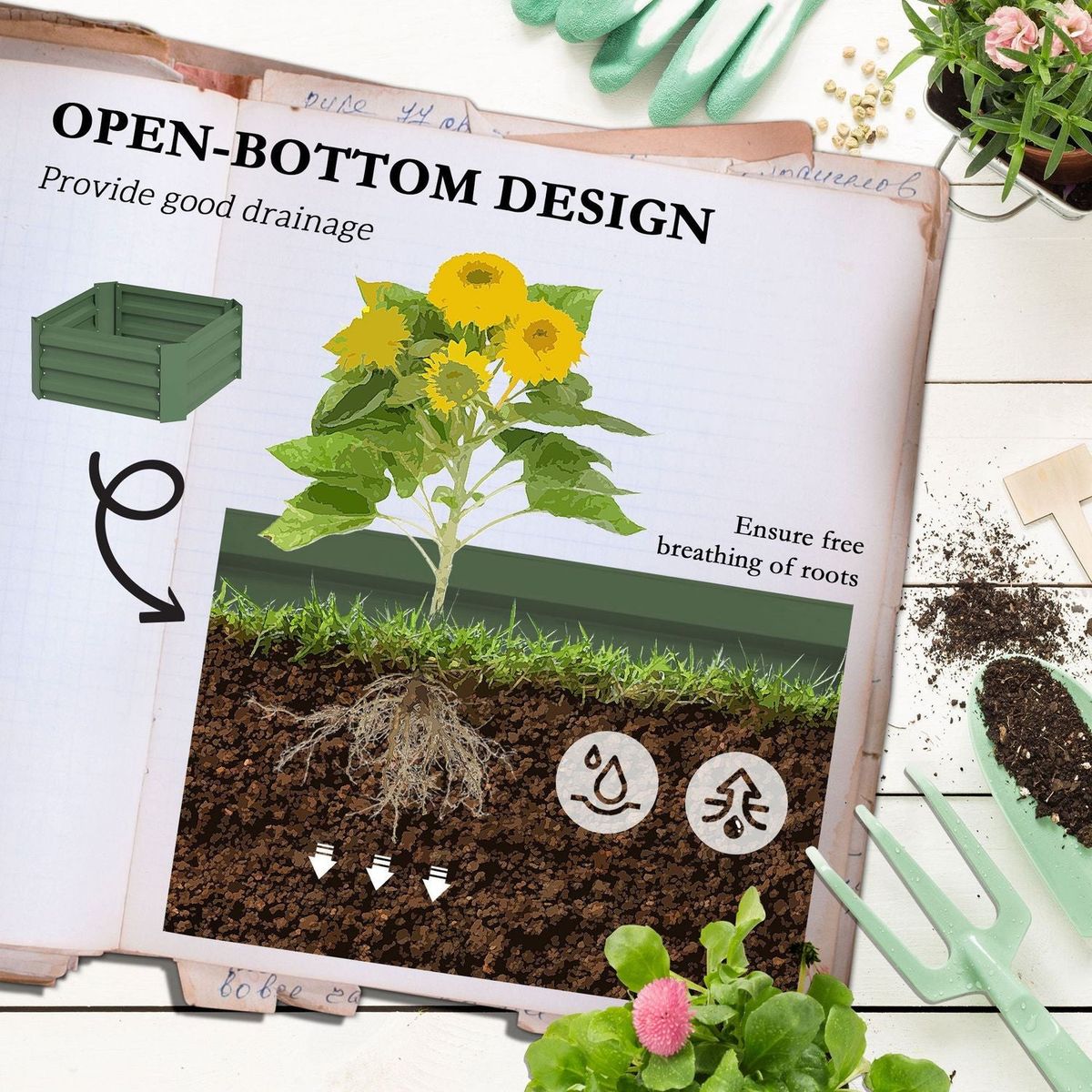 Galvanized Raised Garden Bed, 24" x 24" x 11.75" Outdoor Planter Box with Trellis Tomato Cage and Open Bottom for Climbing Vines, Vegetables, Flowers in Backyard, Garden, Patio, Green