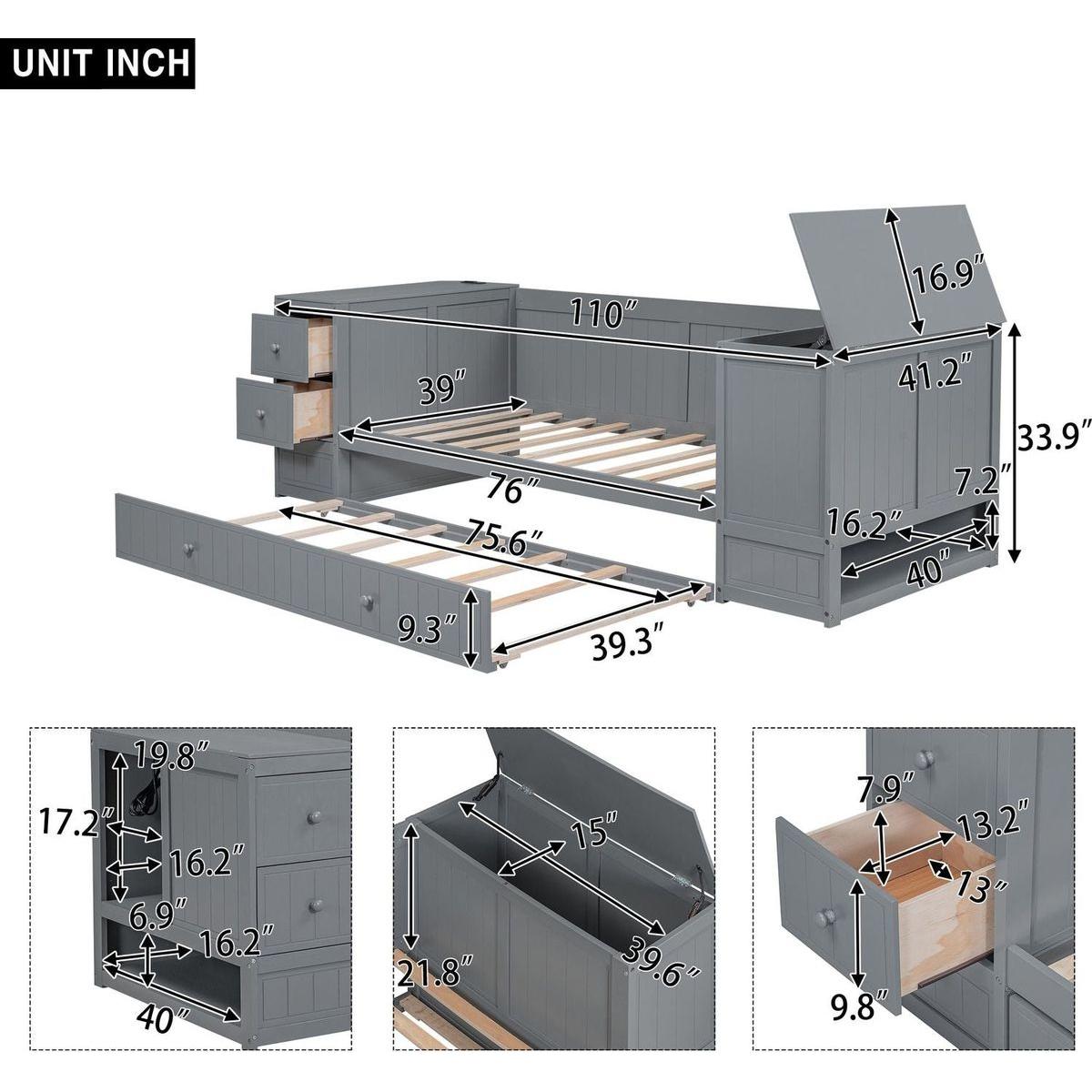 Twin Size Daybed with Storage Arms, Trundle and Charging Station, Gray